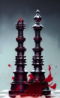 two chess pieces with blood on them