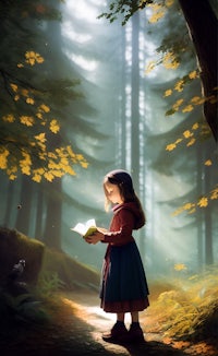 a little girl is reading a book in the woods