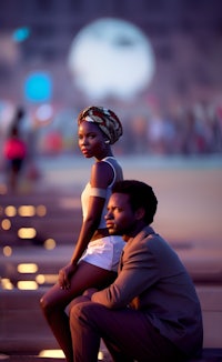 a man and woman sitting on a bench at night