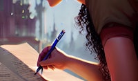 a girl is writing on a piece of paper with a pen