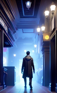 a man in a coat is walking down a dark hallway